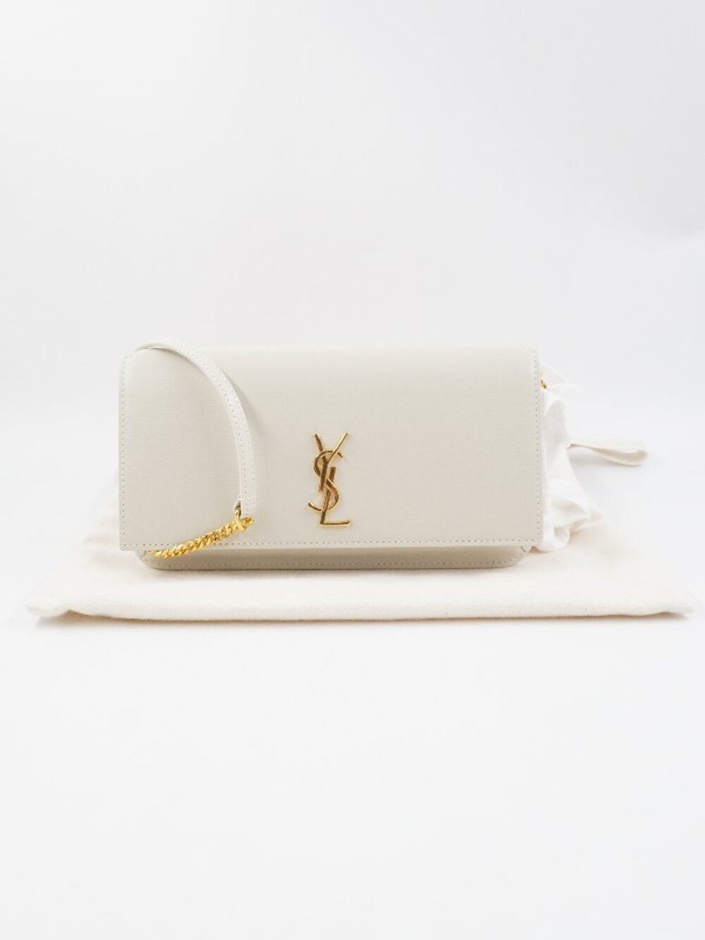 Saint Laurent Cassandre Phone Holder Bag In White Smooth Leather & Gold Hardware